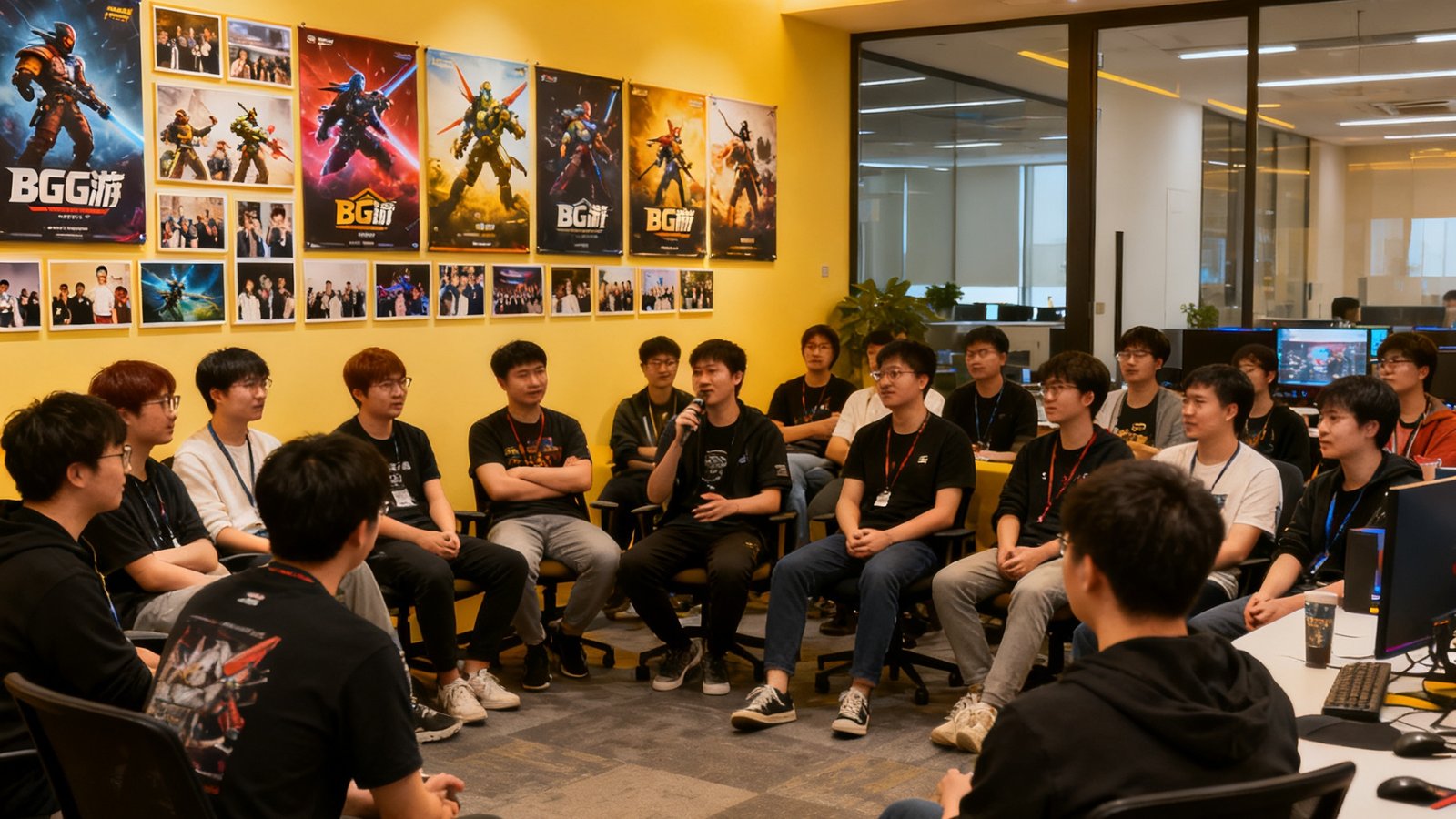 BG大游团队在现代化办公室举办玩家见面会，背景墙上挂满游戏海报与社区照片，约60人参与讨论