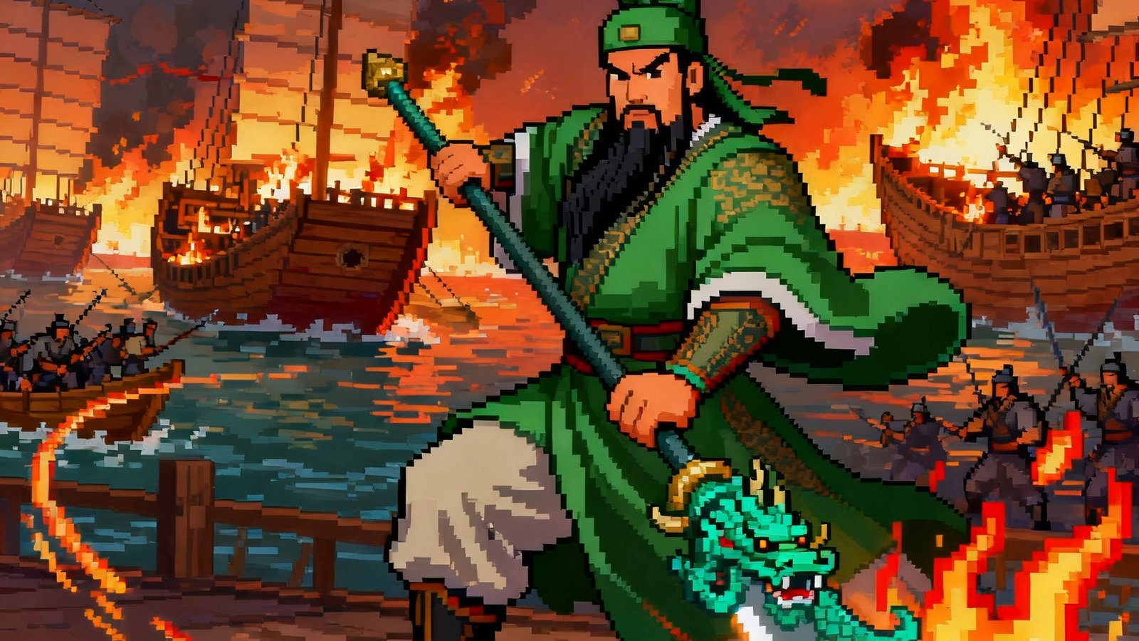 三国战纪街机重制版截图，关羽释放必杀技，背景赤壁之战