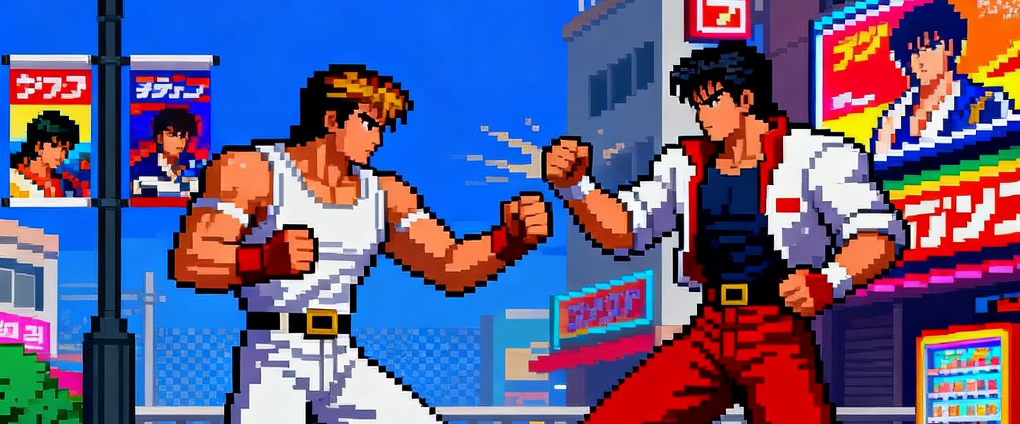 BG大游街机电玩专题，像素风格拳皇97重制版画面，两名格斗家对决背景